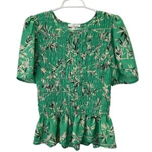 June & Hudson Smocked Top Blouse L Green Bamboo Leaf Print Pullover Peplum Boho